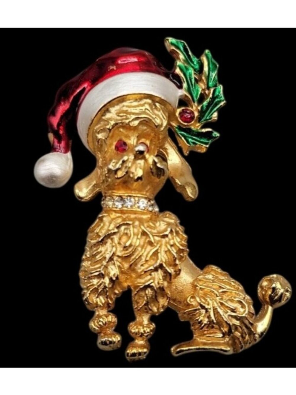 Santa Hat Poodle Brooch Pin Gold Tone Vintage Christmas Jewelry
